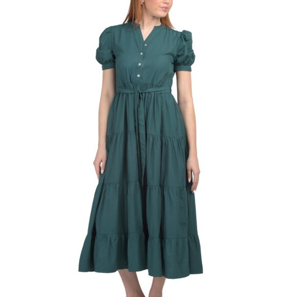 LUNA SKIES Green Tie Front Tiered Shirt Midi Dress - Picture 1 of 2